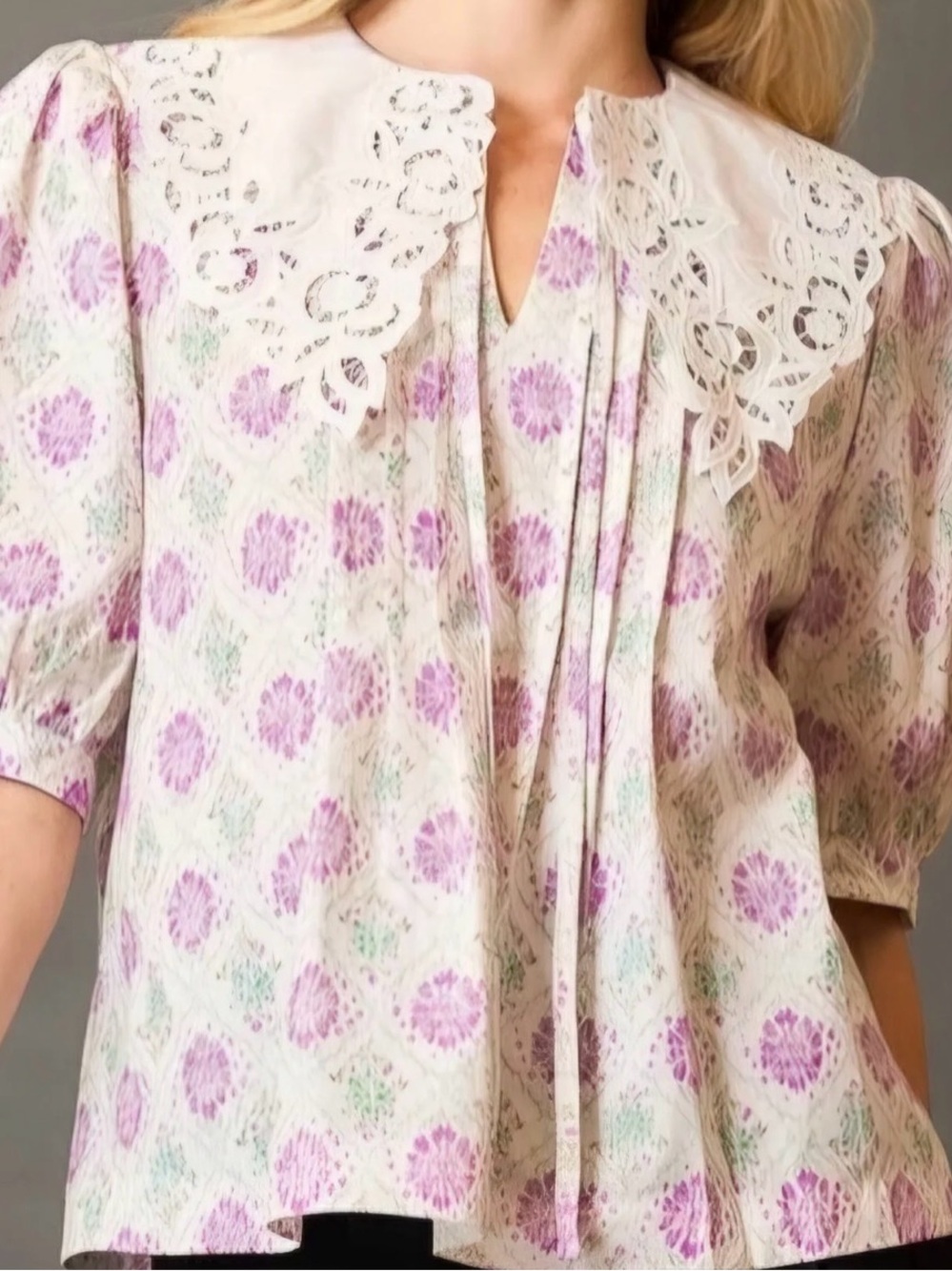 Umgee Floral Lace-Trim Puff Sleeve Blouse
